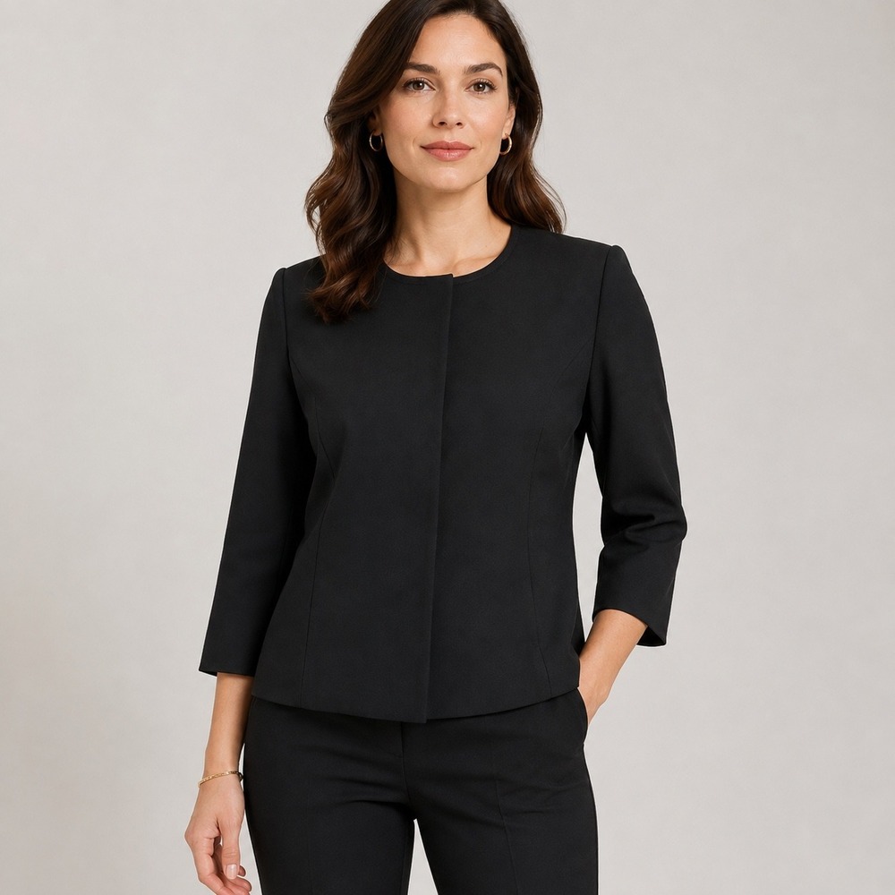 Annie Griffin Black Ponte Jacket Blazer M Hidden Snap 3/4 Sleeve Minimalist